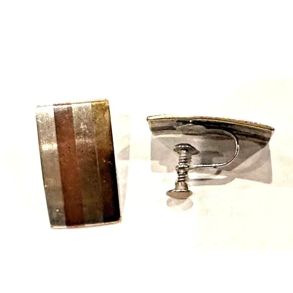 METALES CASADOS TAXCO 925 SILVER COPPER BRONZE BRUTALIST EARRINGS SCREWBACK MCM - Picture 4 of 7